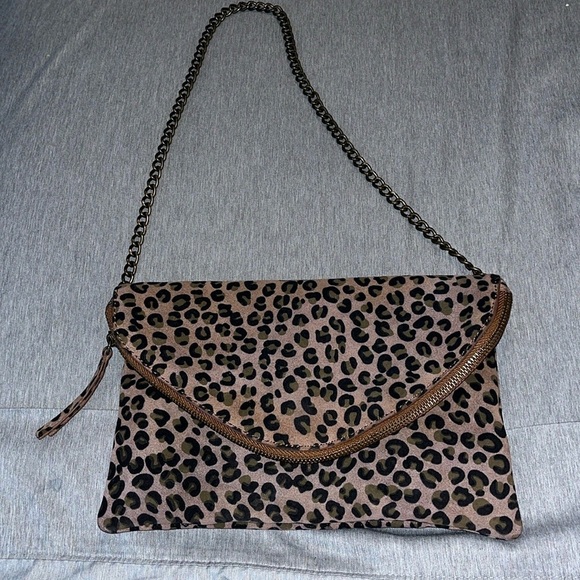 J.Crew Cheetah Print Leather Shoulder Bag/Clutch Leopard Chain Purse - Picture 1 of 16